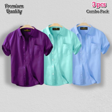 3 Pcs Half Shirt -Sky+Purple+Pest