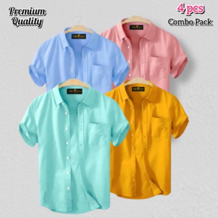 4 Pcs Half Shirt -Yellow+Sky+Pest+Cream