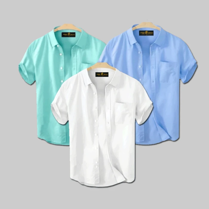 3 Pcs Half Shirt -Sky+Pest+White