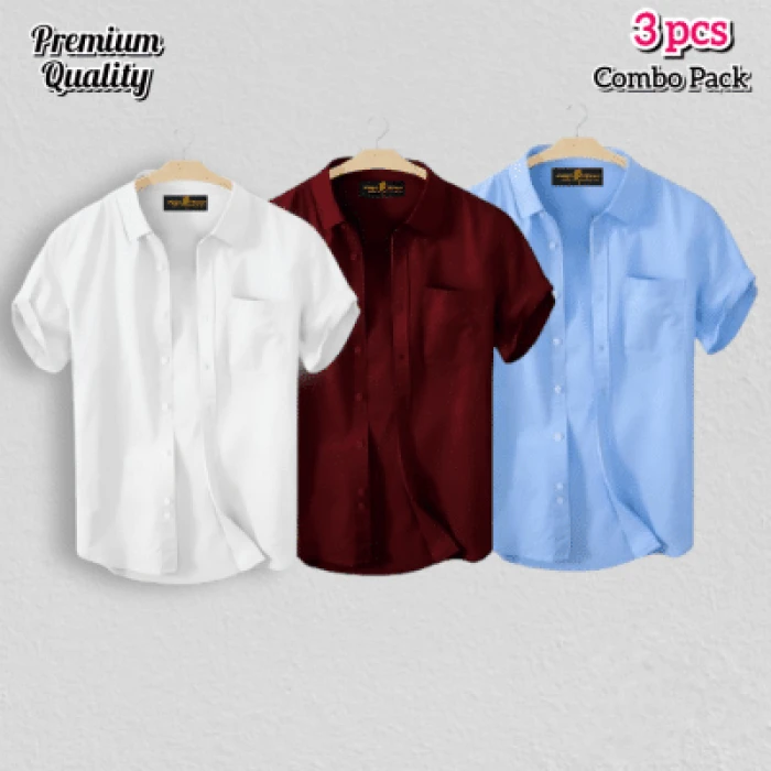 3 Pcs Half Shirt-Sky+meroon+White
