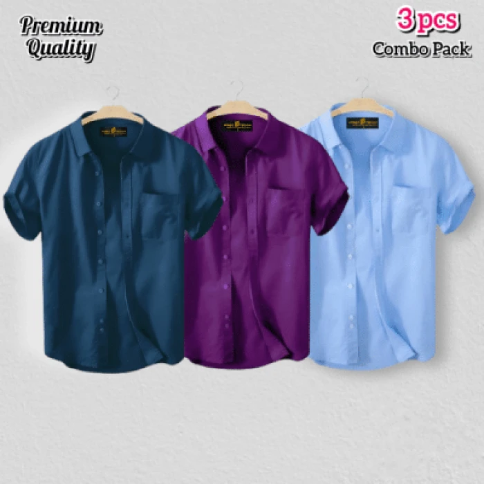 3 Pcs Half Shirt -Sky+Purple+Teal