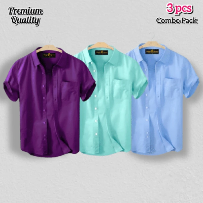 3 Pcs Half Shirt -Sky+Purple+Pest
